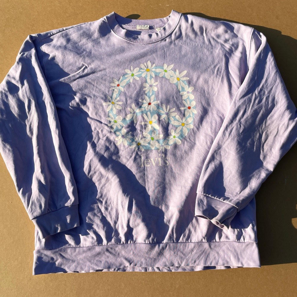 Levis Sweatshirt Womens Medium Purple Casual Peace Sign Floral Graphic Crewneck